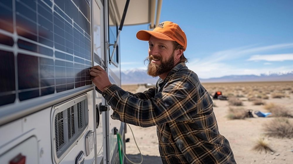 DIY enthusiast setting up a solar panel on their RV