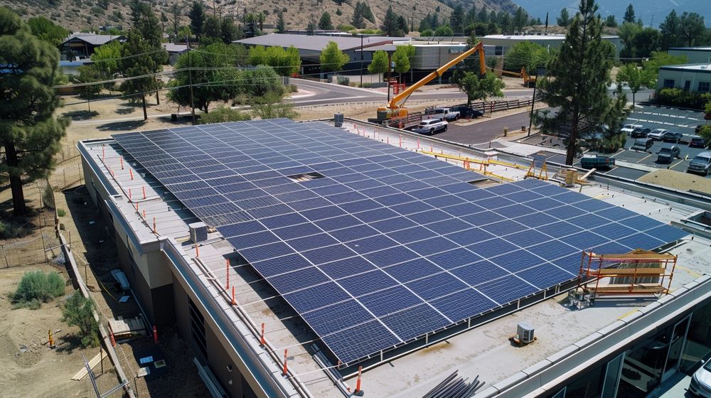 Installation of a large solar panel array on a commercial building, highlighting renewable energy solutions for businesses.