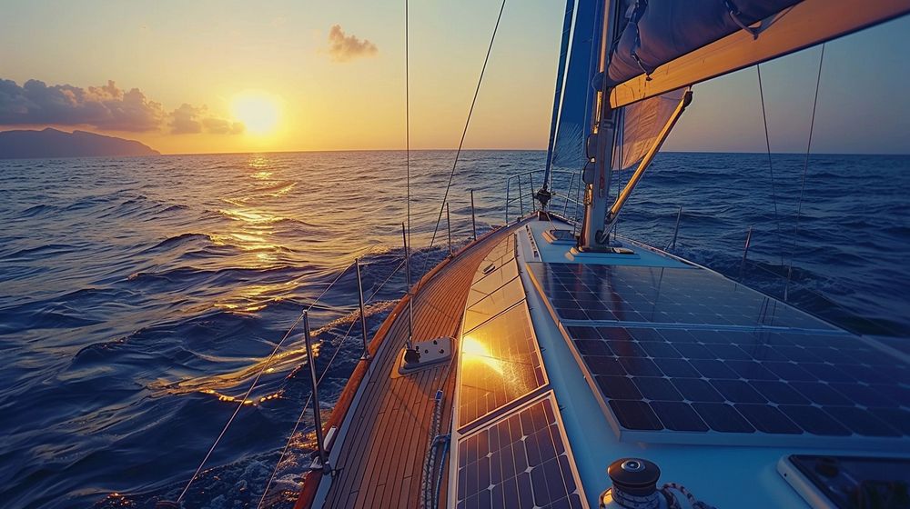 Solar panels on the deck of a sailboat, showcasing sustainable energy use at sea